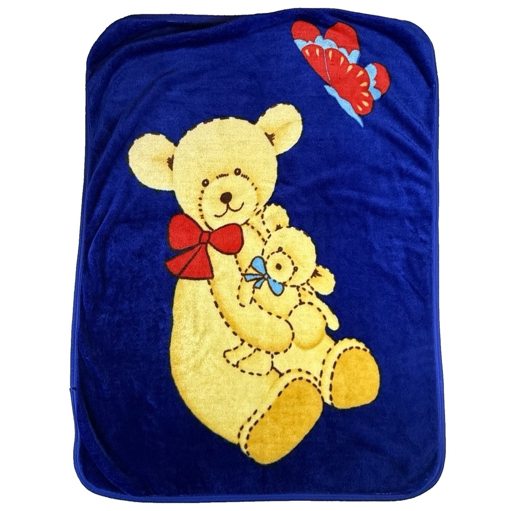 Baby Blanket Teddy Bear & Butterfly Blue Background Mink Plush 40" x 52" VTG